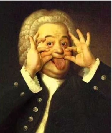 Portrait of Johann Sebastian Bach making a playful grimace